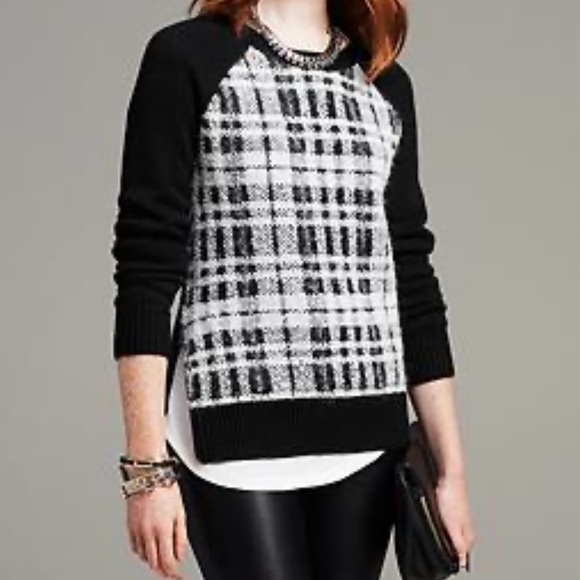 Banana Republic Womens Sz S White/Black Plaid Front Crew Sweater Alpaca Wool - Picture 1 of 8